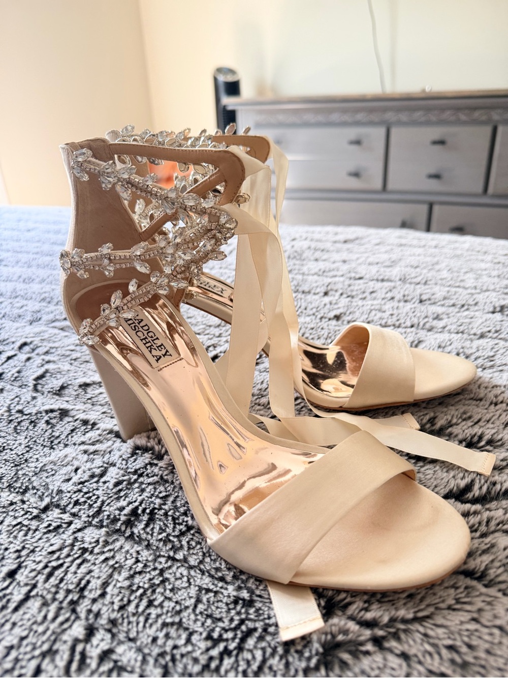 Badgley Mischka Ivory Satin Crystal-Ankle Tie Block Heels - Picture 5 of 11